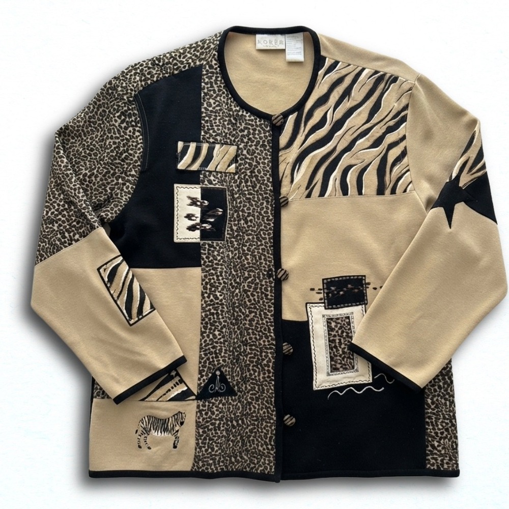 Koret K-Wear Petites Animal Print Patchwork Cardigan Jacket Tan Black Large